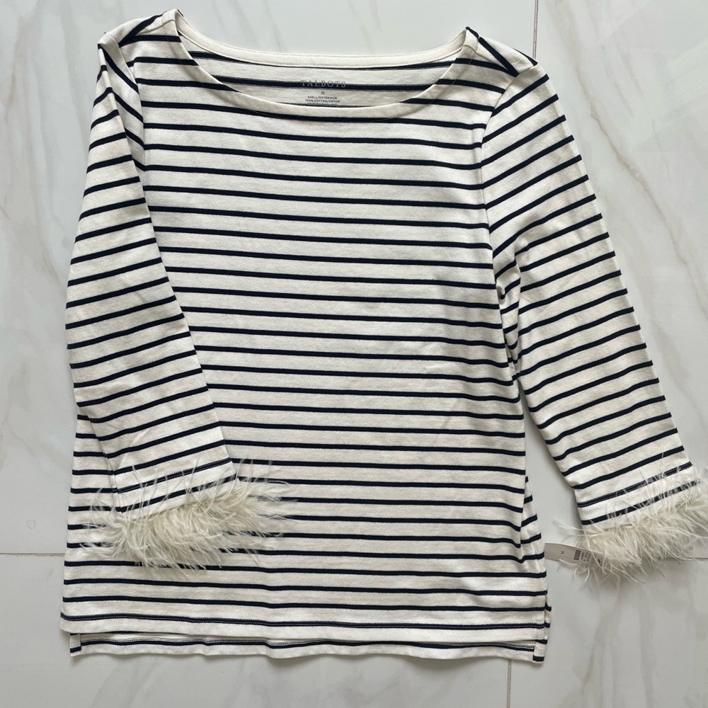 Talbots Black and White Striped Top With Ostrich Feather Cuffs NWT